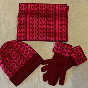 MICHAEL Michael Kors Monogramed Knit 3-Piece Set: beanie, scarf and gloves